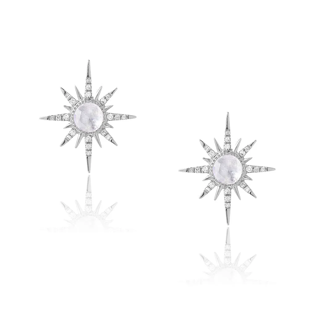 Starburst Rainbow Moonstone and Diamond Post Earrings