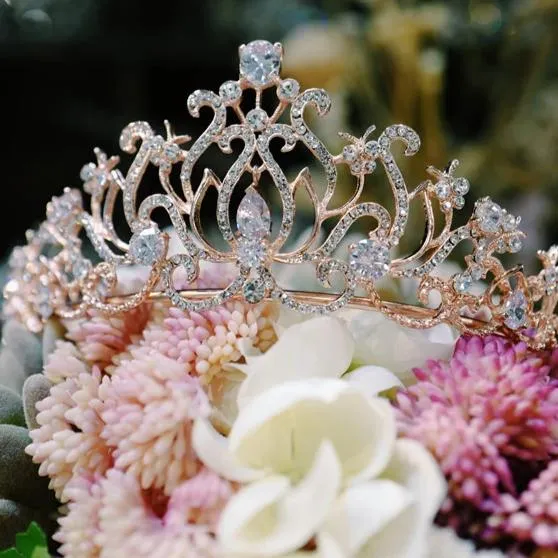 T172. Swarovski crystal bridal royal tiara, rhinestone crown, rose gold and silver