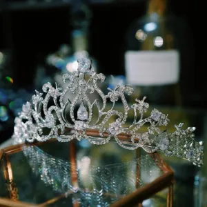 T172. Swarovski crystal bridal royal tiara, rhinestone crown, rose gold and silver
