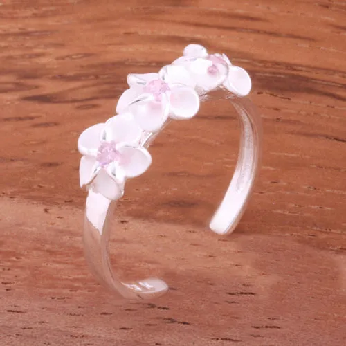 Three 4mm Plumeria with Pink CZ Toe Ring