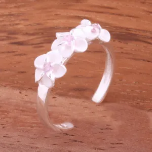 Three 4mm Plumeria with Pink CZ Toe Ring
