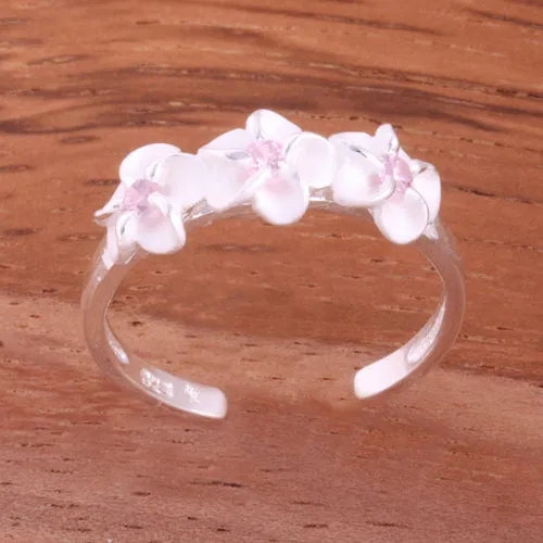 Three 4mm Plumeria with Pink CZ Toe Ring