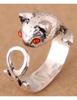 TR04 Silver Cat Orange Rhinestone Eyes Toe Ring