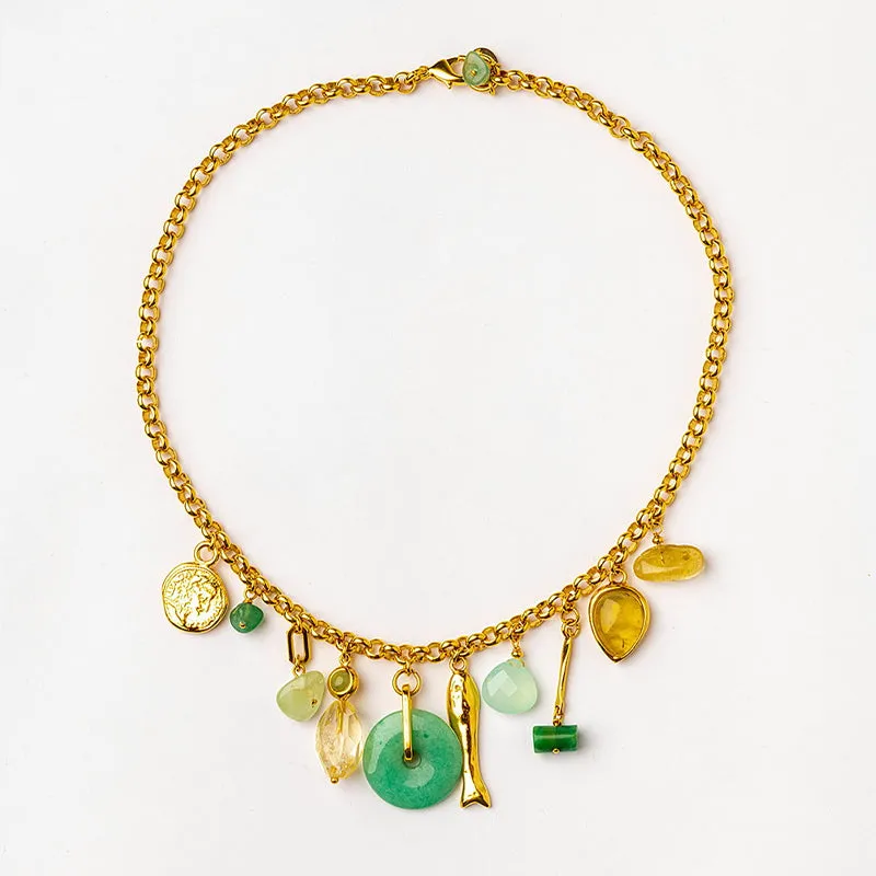 Velatti Multi Charm Short Necklace with Aventurine, chalcedony, Jade, Citrine