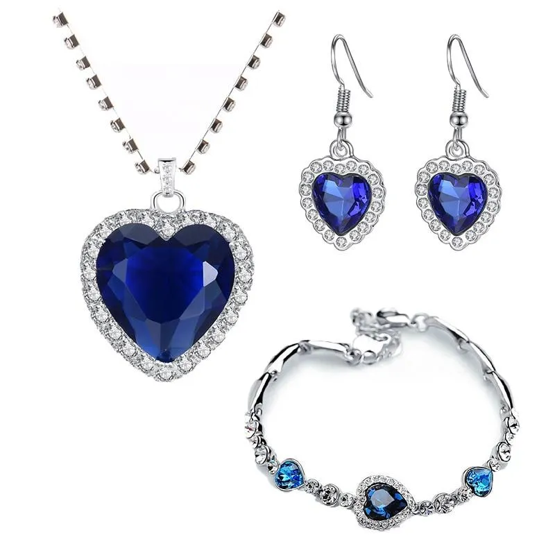 Women Blue Heart Crystal Zircon Jewellery Sets