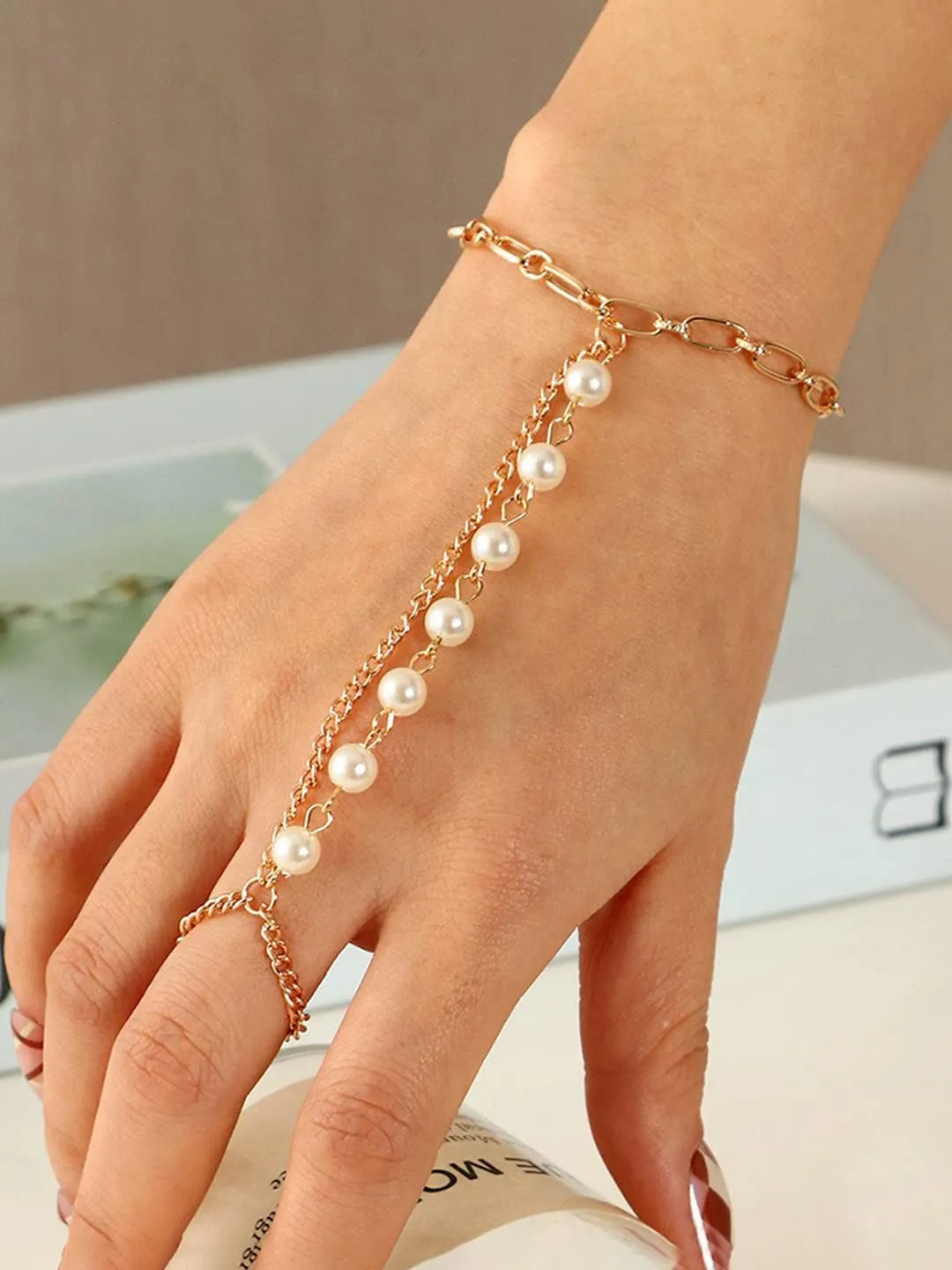 Yellow Chimes Ring Bracelet for Women and Girls Bracelet With Ring for Girls | Gold Toned Pearl Ring Bracelet | Birthday Gift For Girls and Women