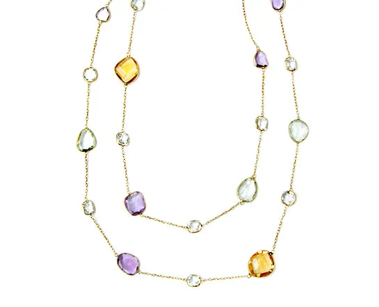 Yellow gold necklace with different shaped gemstones