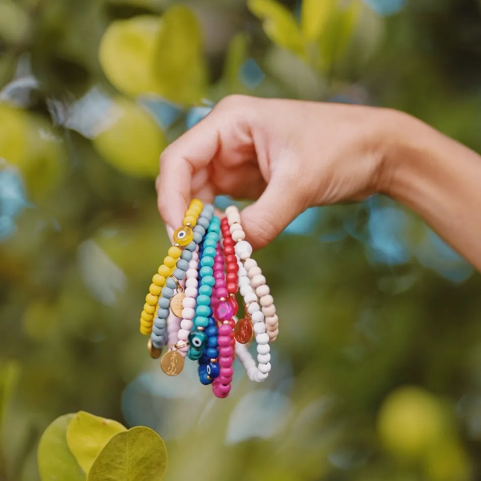 Yellow Wooden Bead Bracelet - Evil Eye