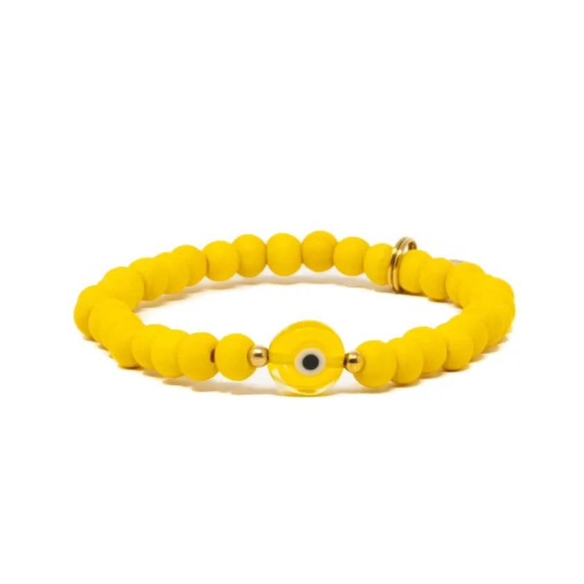 Yellow Wooden Bead Bracelet - Evil Eye